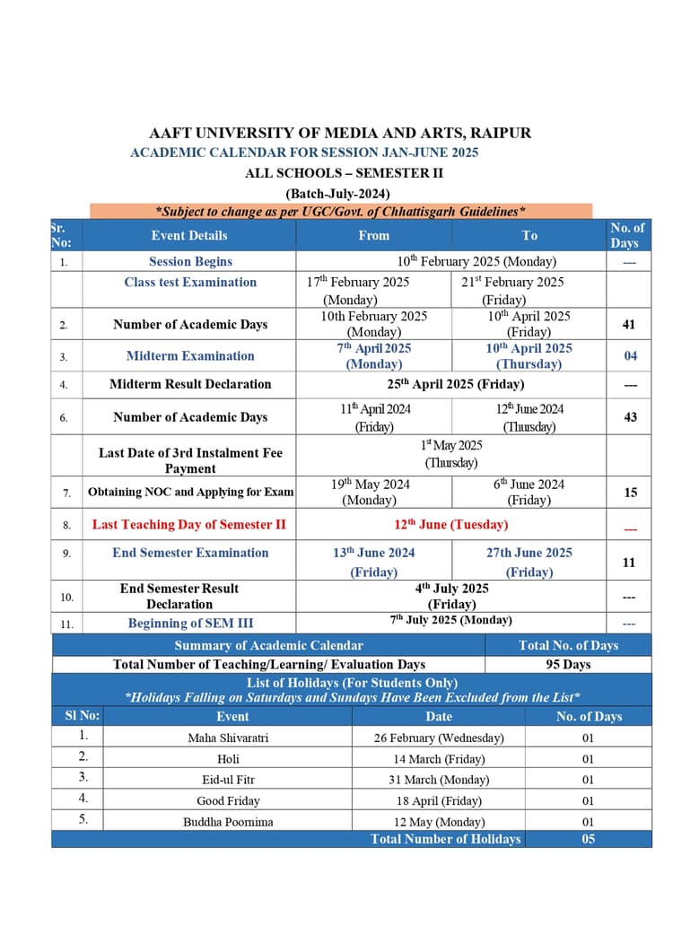 AUR - ACADEMIC CALENDAR 2025- SEMESTER II